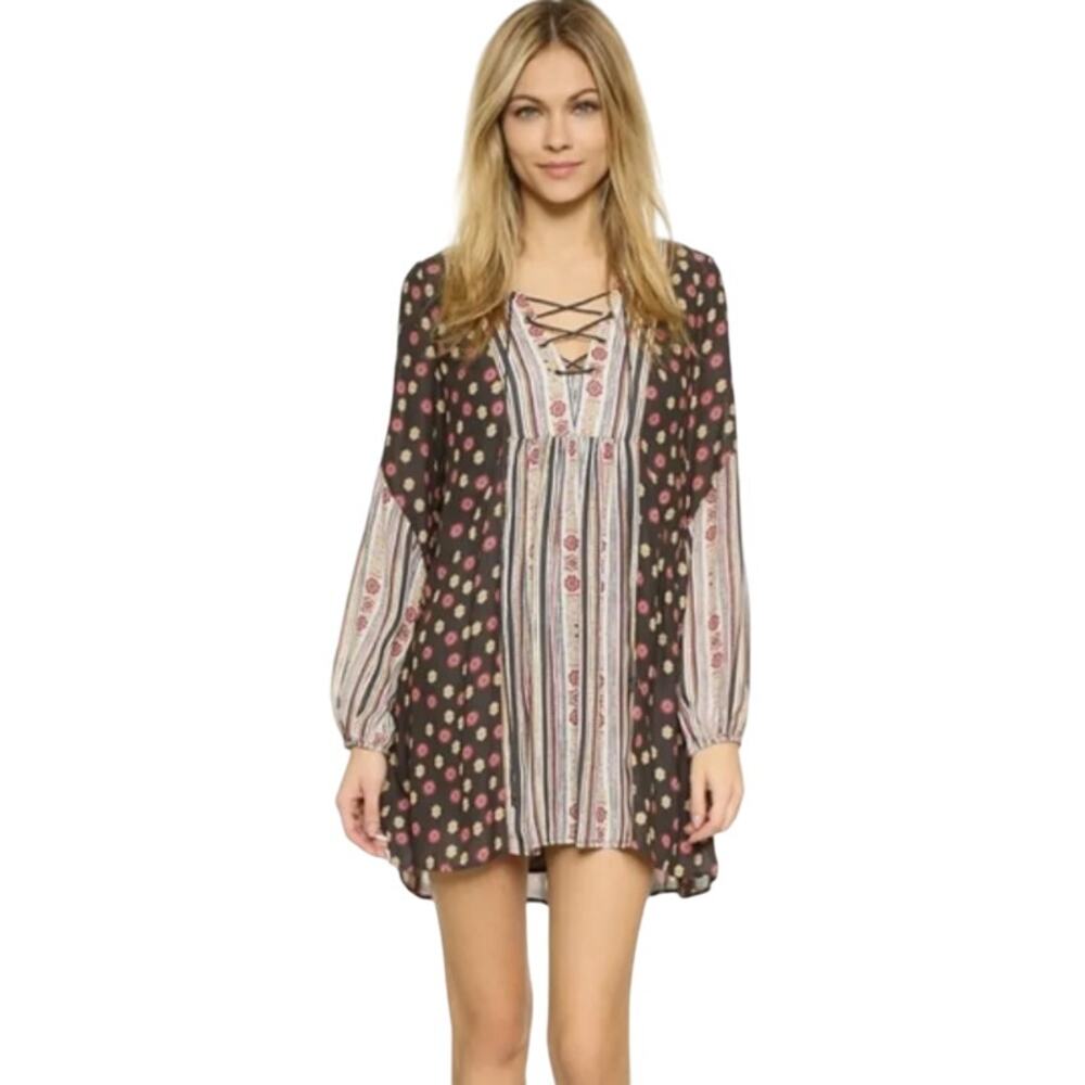 Free People Boho Rain Or Shine Pebbled Chiffon Printed Mini Dress XS